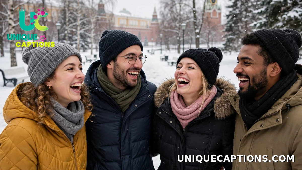 Friends laughing together in a snowy Moscow park