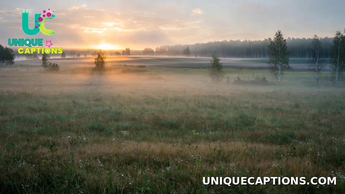 Sunrise over a vast Russian countryside field with morning mist