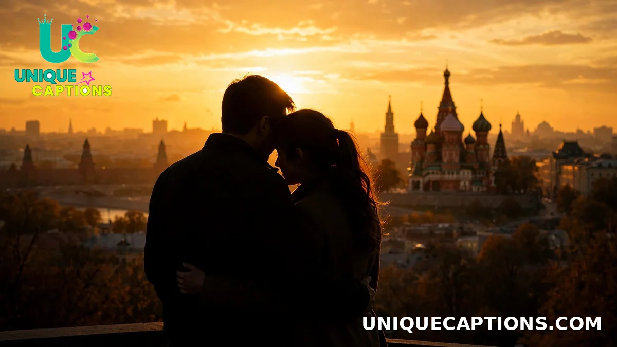 Couple silhouetted against a golden Moscow sunset
