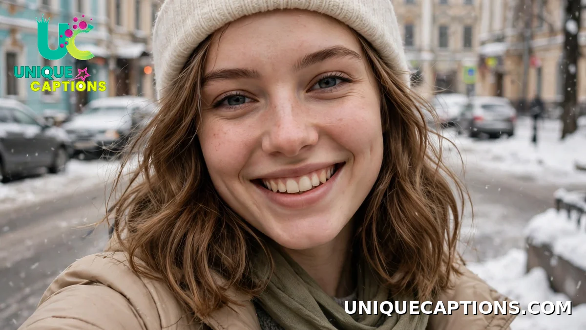 Smiling young woman with a snowy Russian city street behind her
