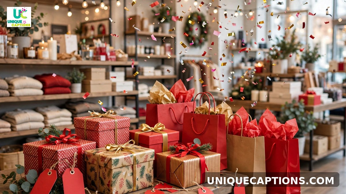 Sale and promotion captions - red discount tags with gift boxes and falling confetti