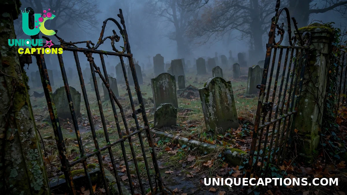 Scary Halloween Captions scene: a foggy graveyard at dusk behind a crooked iron gate