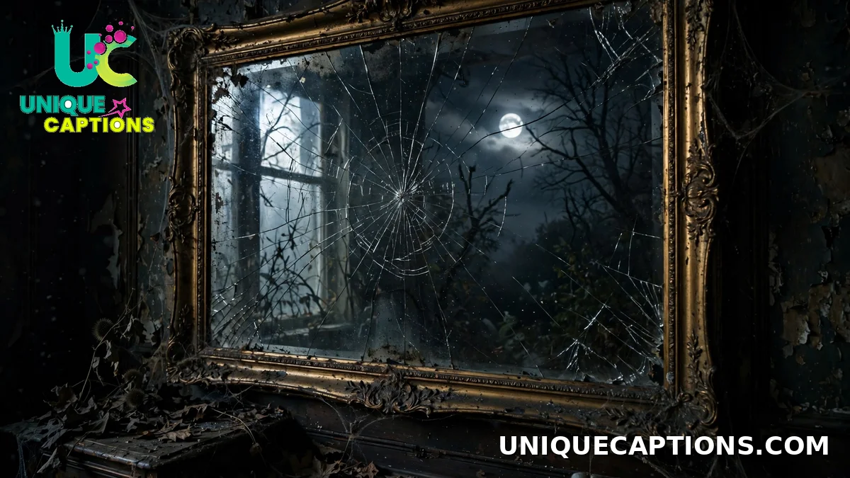 A cracked mirror reflecting pale moonlight in a dark room