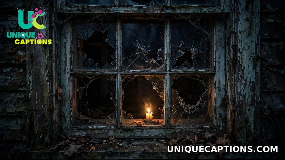 An abandoned house window glowing with a single flickering candle at night