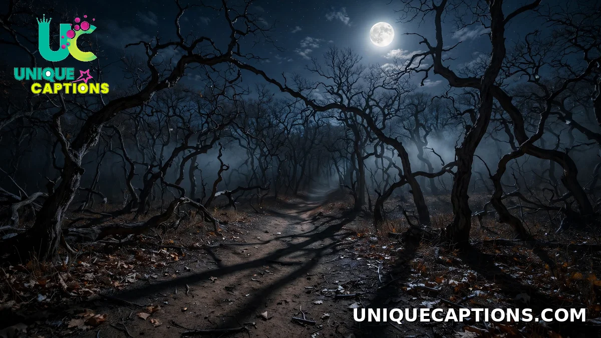 A dark forest path lit by a full moon between bare trees