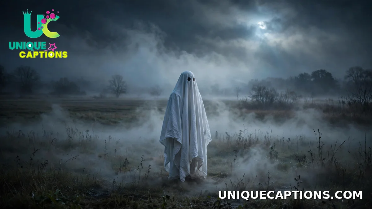 A sheet-ghost figure standing alone in a misty field at night