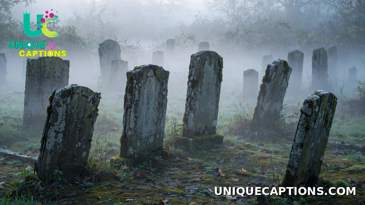 Old headstones standing in morning fog at a cemetery