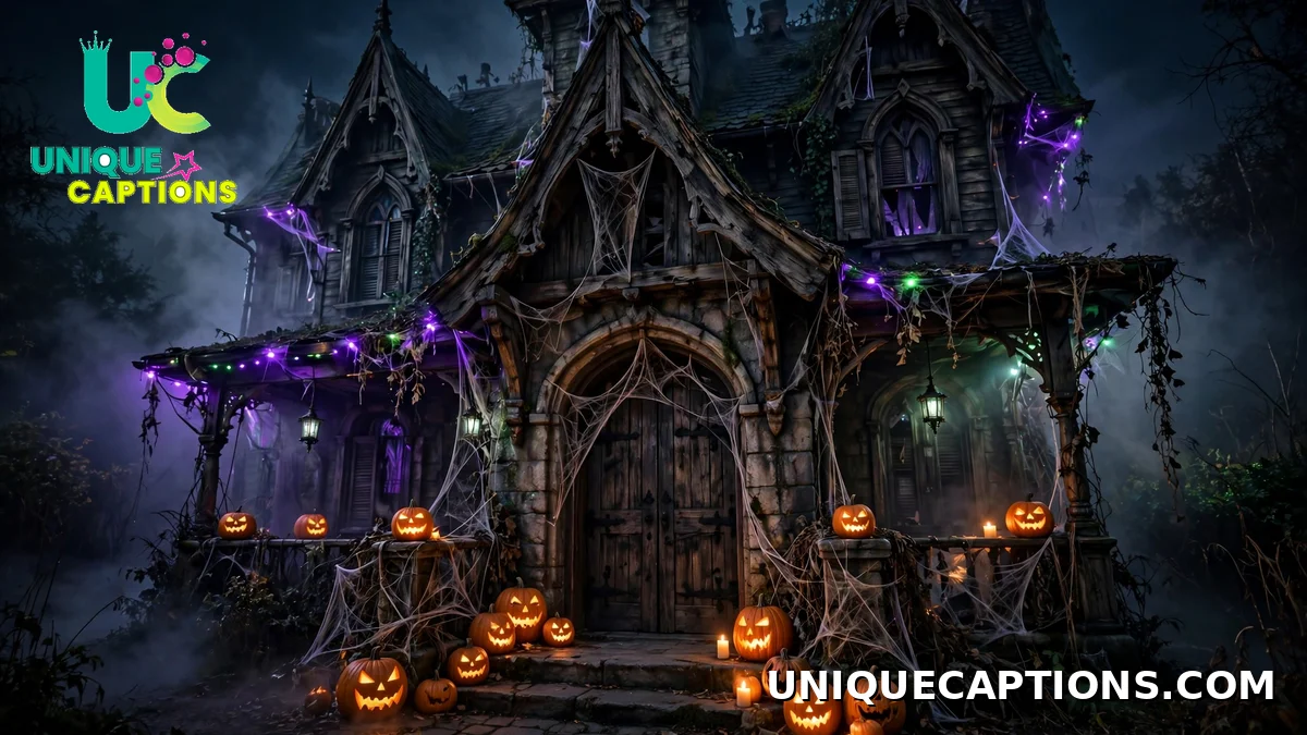 A spooky haunted house attraction exterior decorated for Halloween night