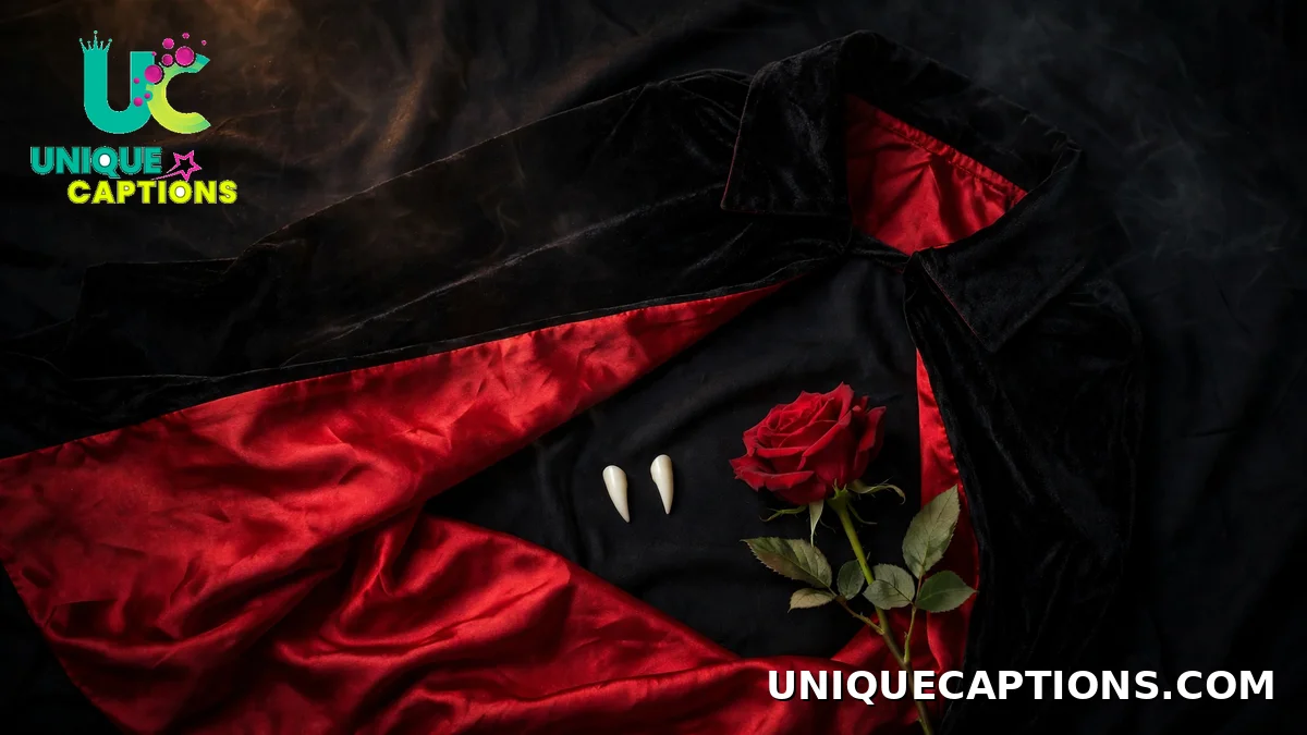 A vampire cape, fangs and a red rose arranged on black cloth