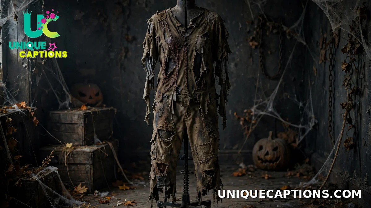 A tattered zombie costume displayed on a dress mannequin