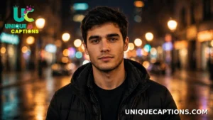 Confident young man in a black jacket standing against blurred city night lights