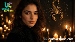 Confident young woman in black with a subtle scorpion zodiac motif in warm light, a moody portrait idea for Scorpio Captions for Instagram