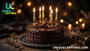 Dark chocolate birthday cake with gold candles glowing in moody celebration light