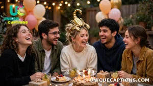 Friends laughing together at a birthday party, one wearing a playful scorpion crown prop