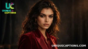 Stylish young woman in a deep red outfit posing with quiet confidence