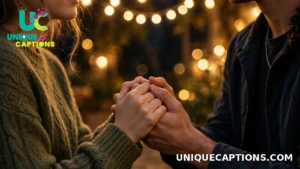 Couple holding hands beneath warm string lights on a quiet night