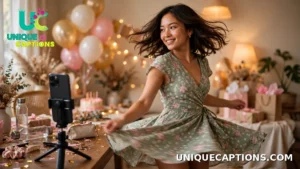 Smartphone filming a confident birthday outfit reveal moment indoors