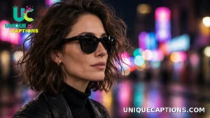 Woman wearing sunglasses giving a cool side glance against a neon night backdrop