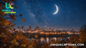 Autumn night sky filled with stars and a crescent moon above a city skyline