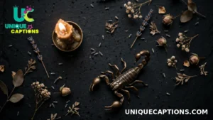 Minimal dark aesthetic flat lay with a small scorpion figurine and a lit candle