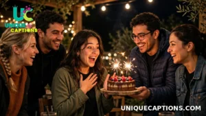 Friends surprising a young woman with a birthday cake and sparklers at night