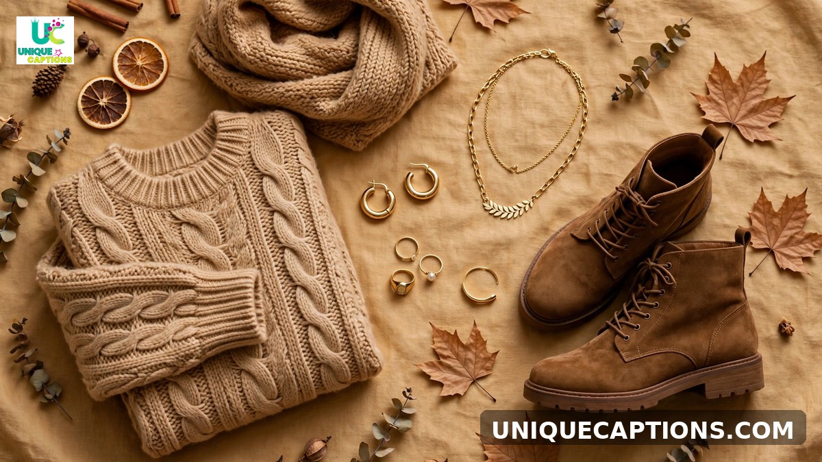 Seasonal fashion captions - elegant autumn outfit with knitwear, boots and gold jewelry