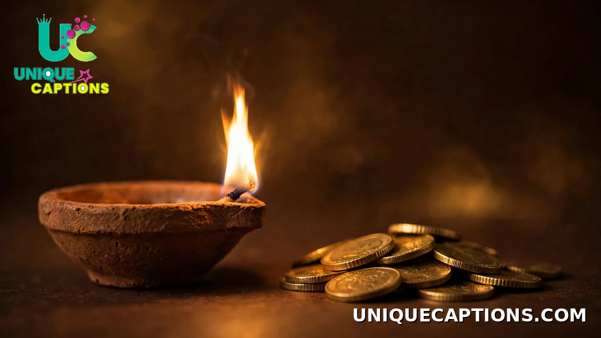 Short Dhanteras captions with a single lit diya and gold coins