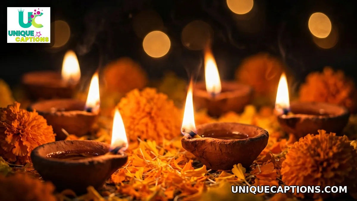 Close-up of glowing diya flames among marigold petals on Dussehra night