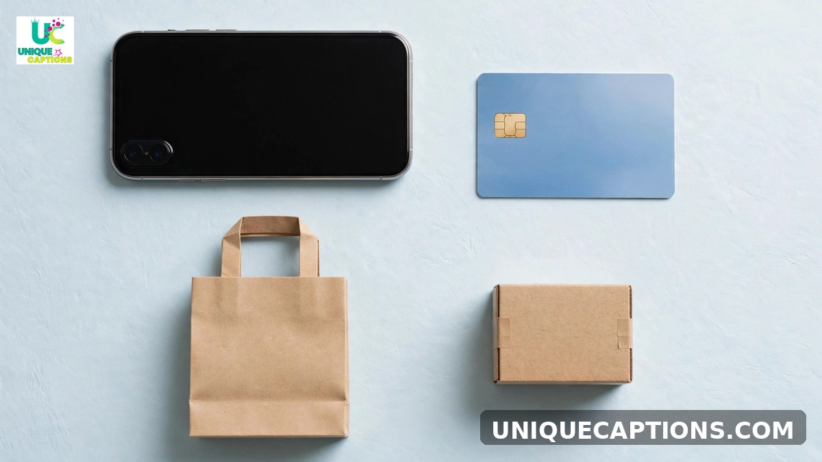 Instagram captions for ecommerce - minimal flat lay of smartphone, shopping bag and credit card