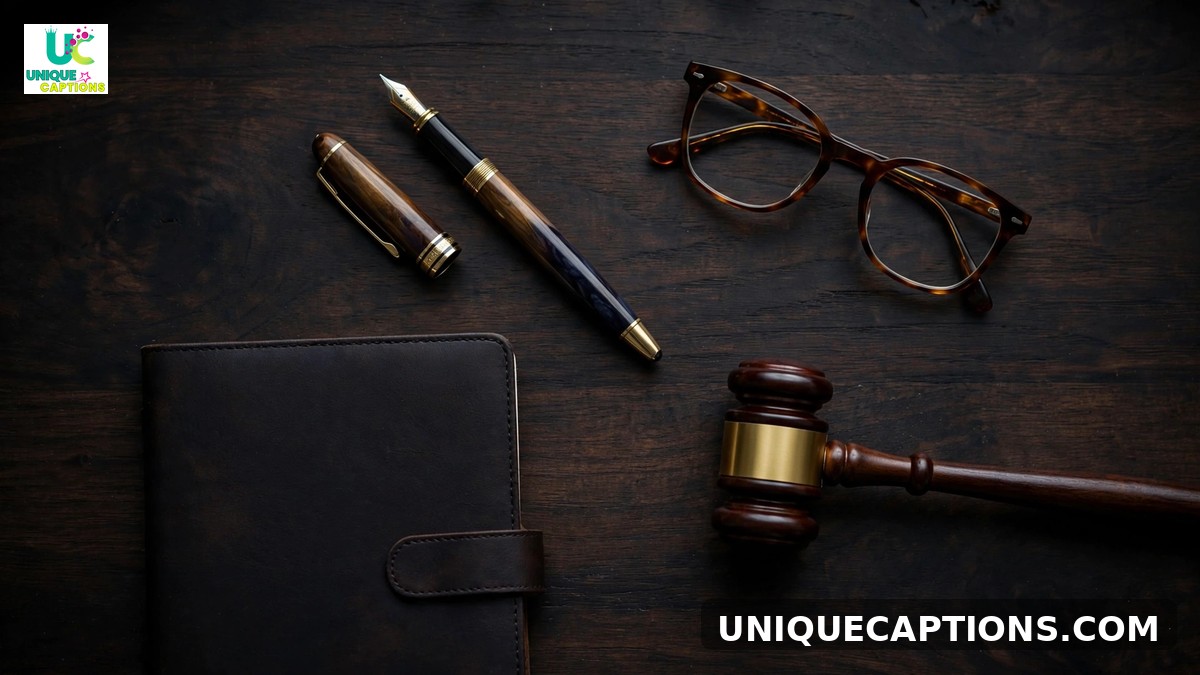 Short lawyer captions - minimal flat lay of fountain pen, glasses and gavel on dark wood
