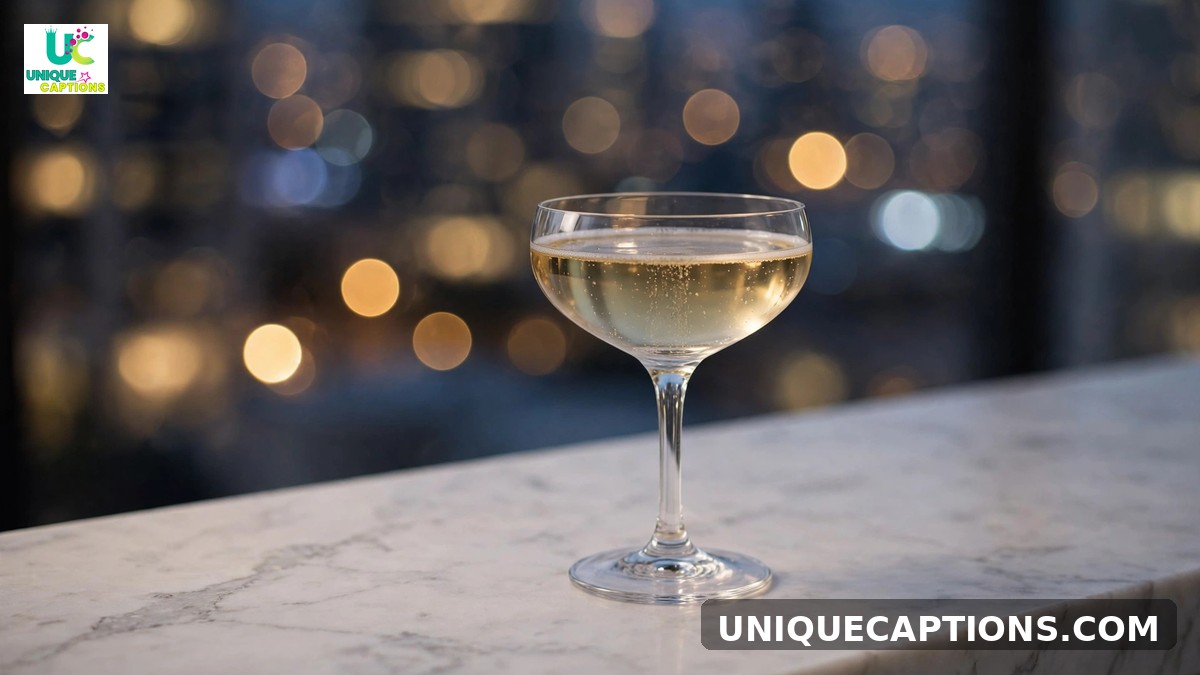 Instagram captions for luxury lifestyle - champagne coupe on marble bar with city lights