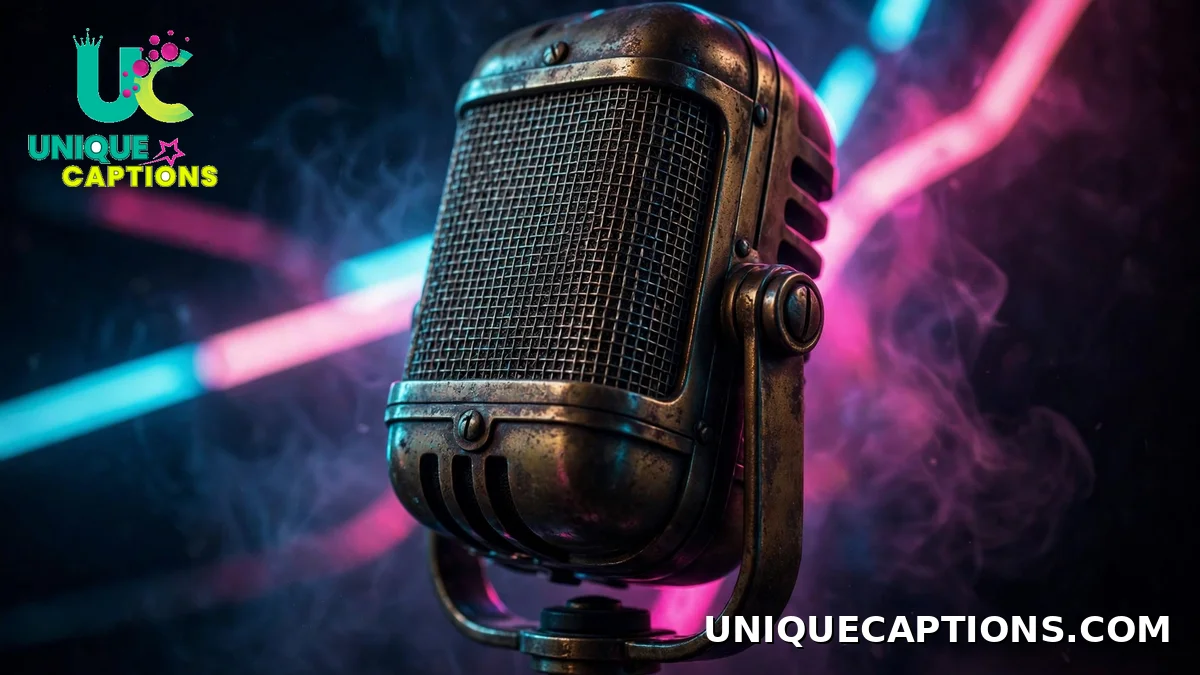 Short Post Malone captions - vintage microphone with neon glow in a dark studio
