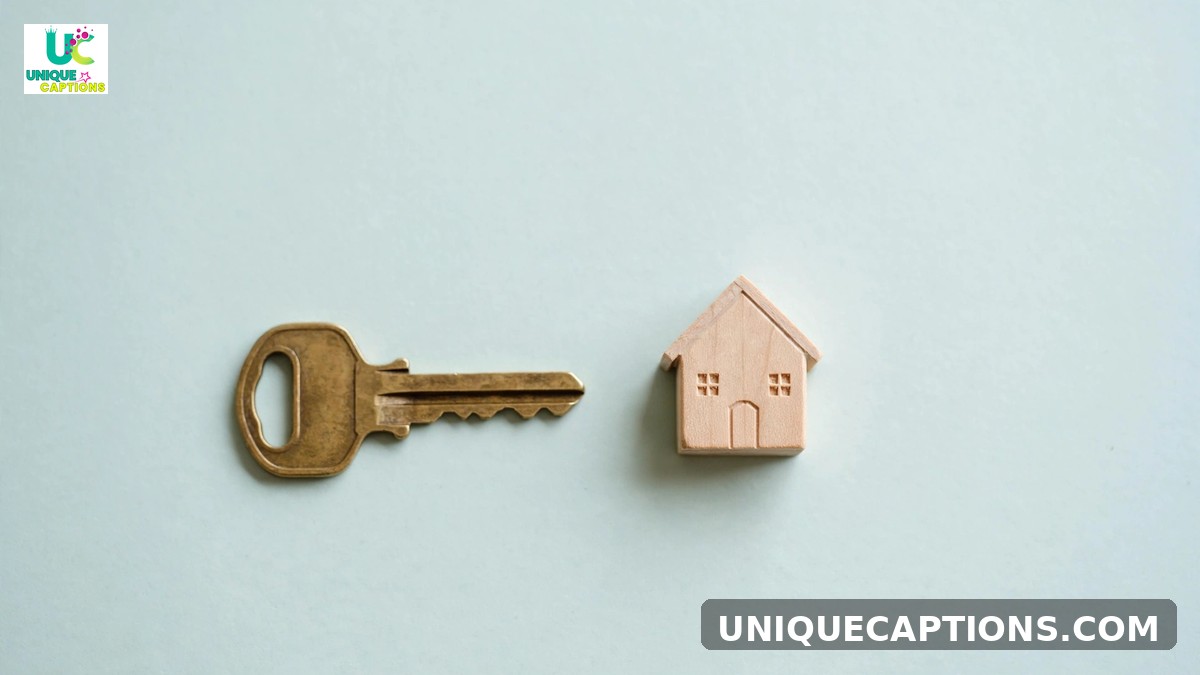 Short realtor captions - minimal flat lay of a brass house key beside a tiny house model