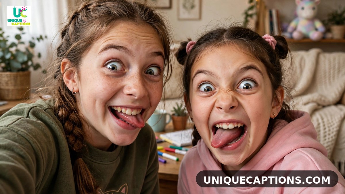 Funny comments for sister pic on Instagram - two sisters making silly faces at home