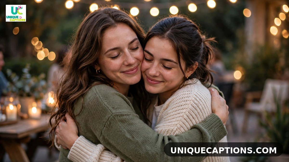 Heartfelt comments for sister pic on Instagram - sisters embracing under string lights