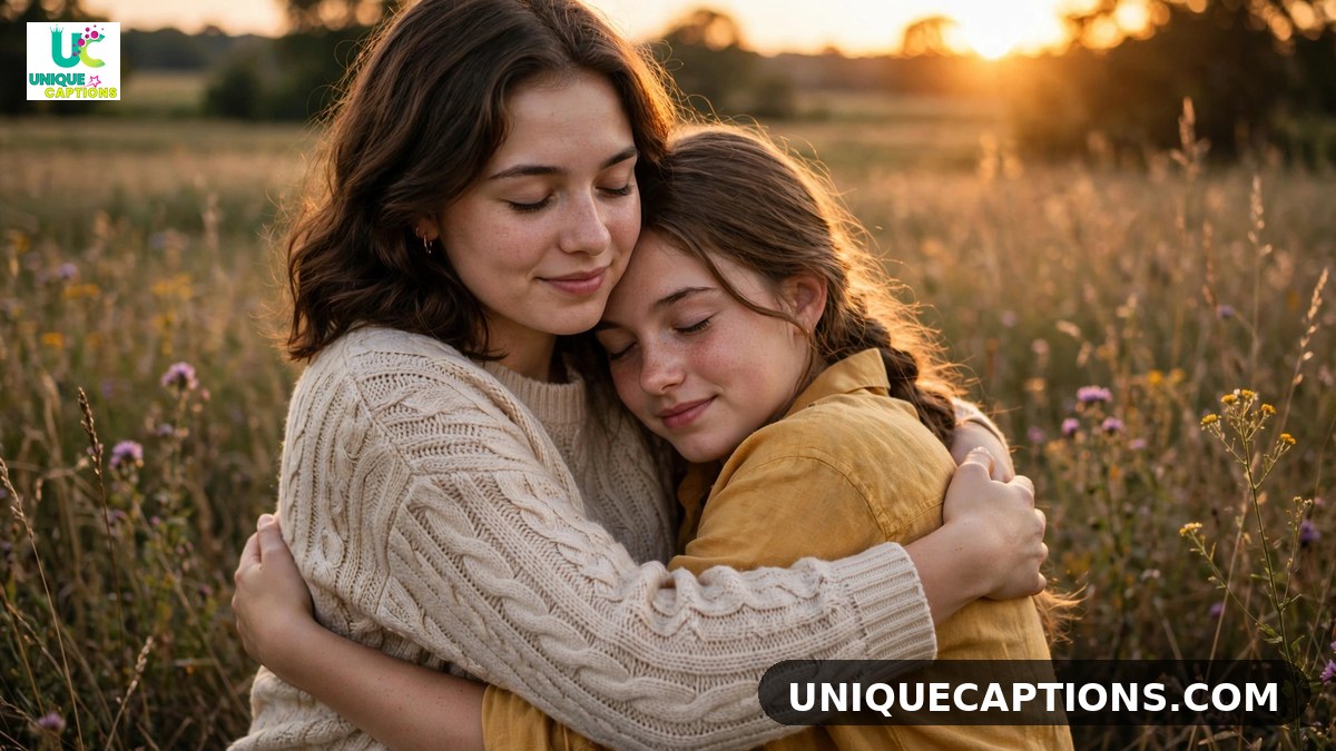 Loving comments for sister pic on Instagram - sister hugging sister warmly at sunset