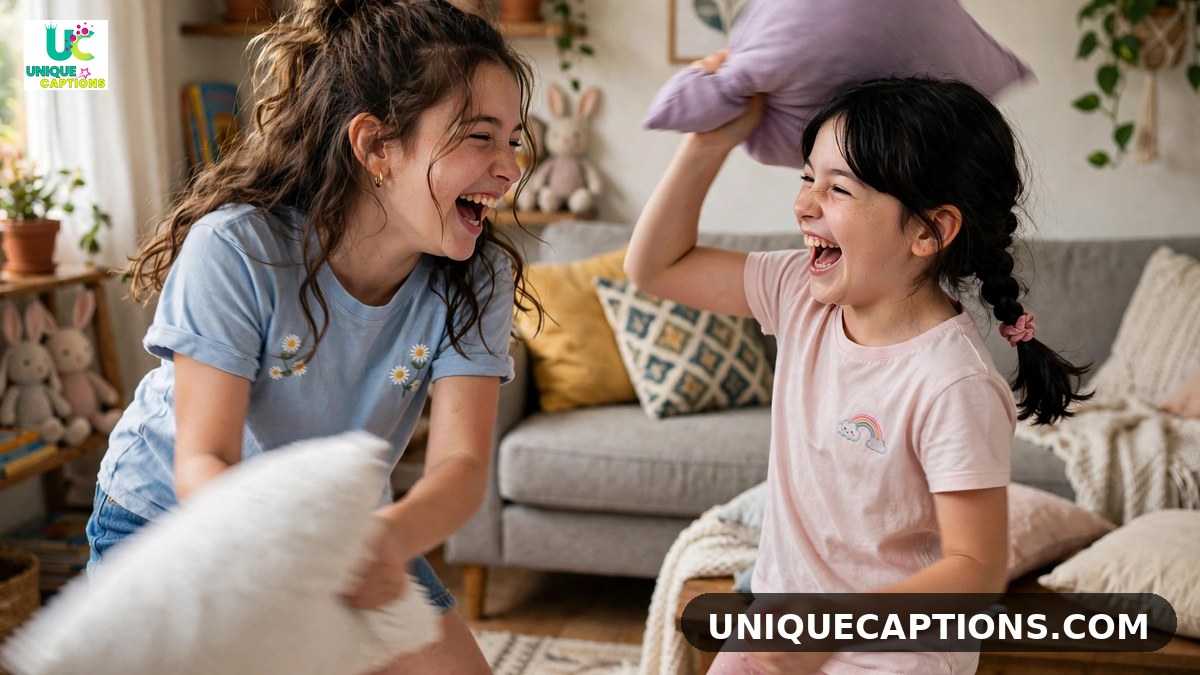 Playful tease comments for sister pic on Instagram - sisters laughing during a pillow fight