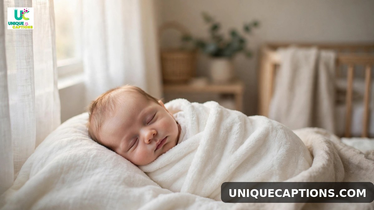 Peaceful 11 month old baby caption image of a sleeping baby in a soft white blanket