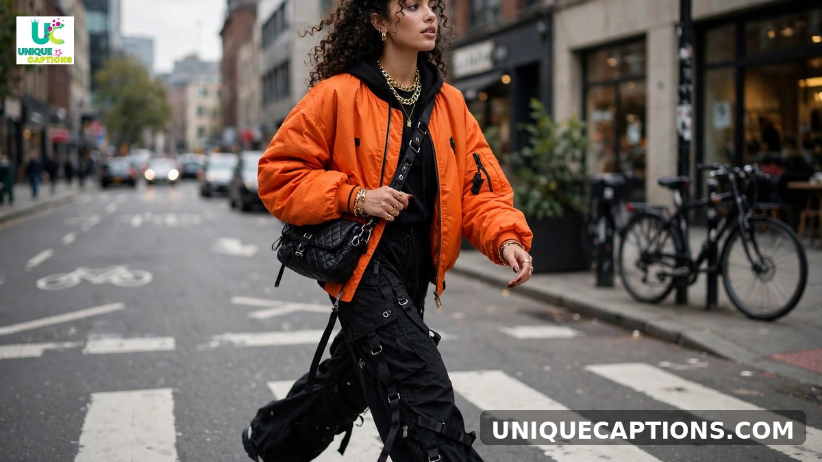 Street style captions - trendy woman in bold streetwear with layered jewelry in the city