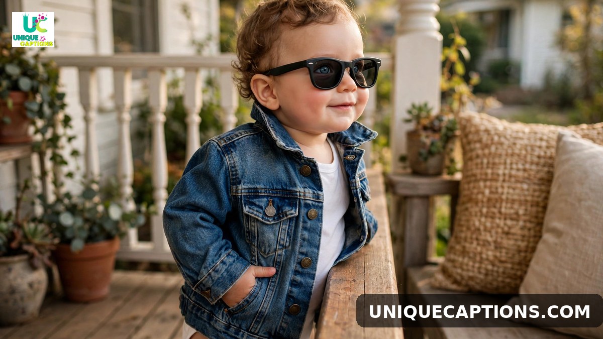 Cool stylish 11 months old baby caption photo in a tiny denim jacket and sunglasses