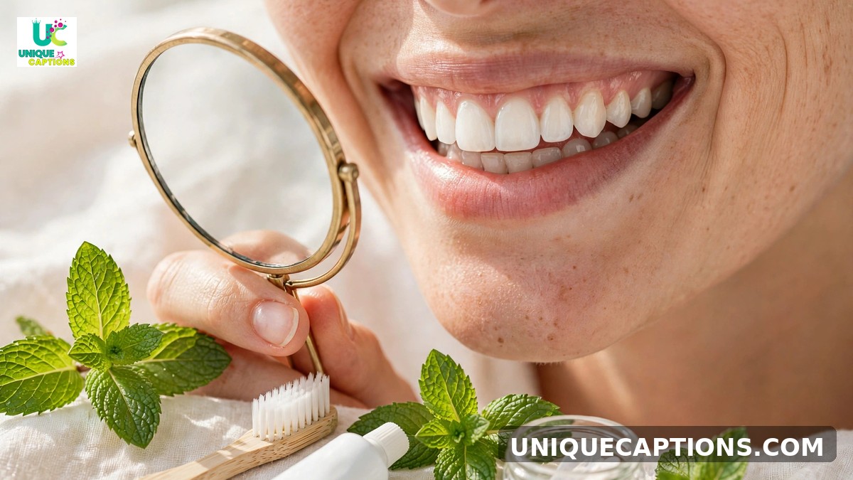 Teeth whitening captions - radiant white smile with mirror and fresh mint leaves