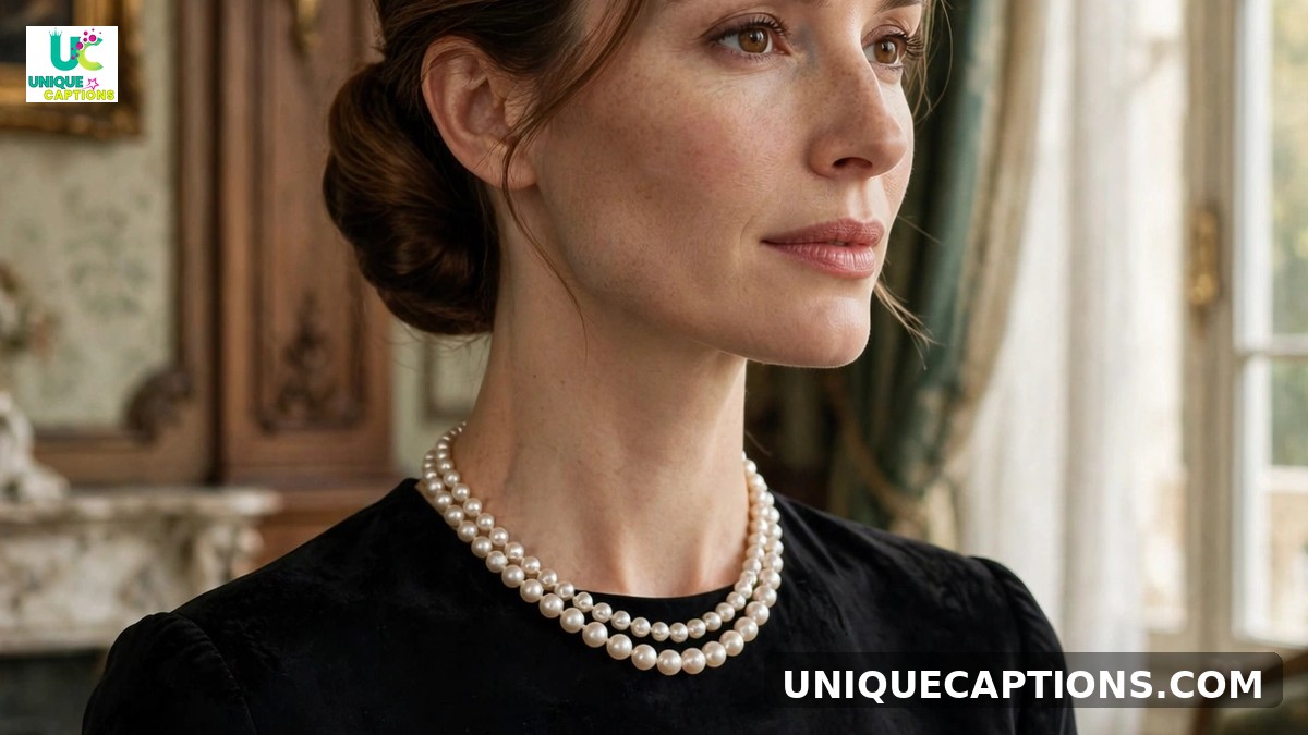 Timeless elegance captions - woman with pearls in classic black dress