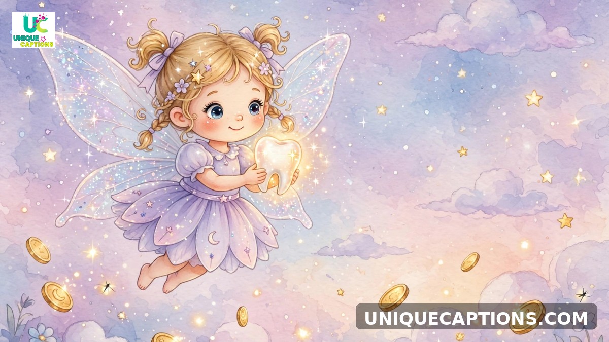 Tooth fairy captions - cute fairy holding a glowing tooth under a starry sky