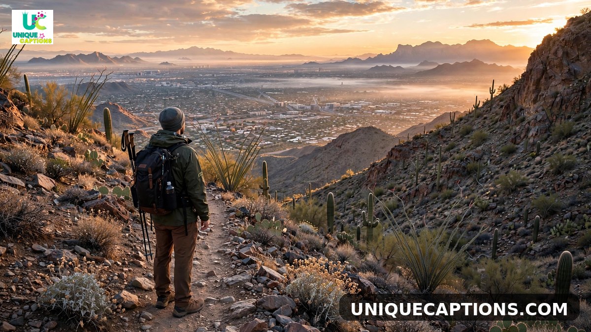 Tucson adventure hiking captions - hiker on a desert mountain trail at sunrise
