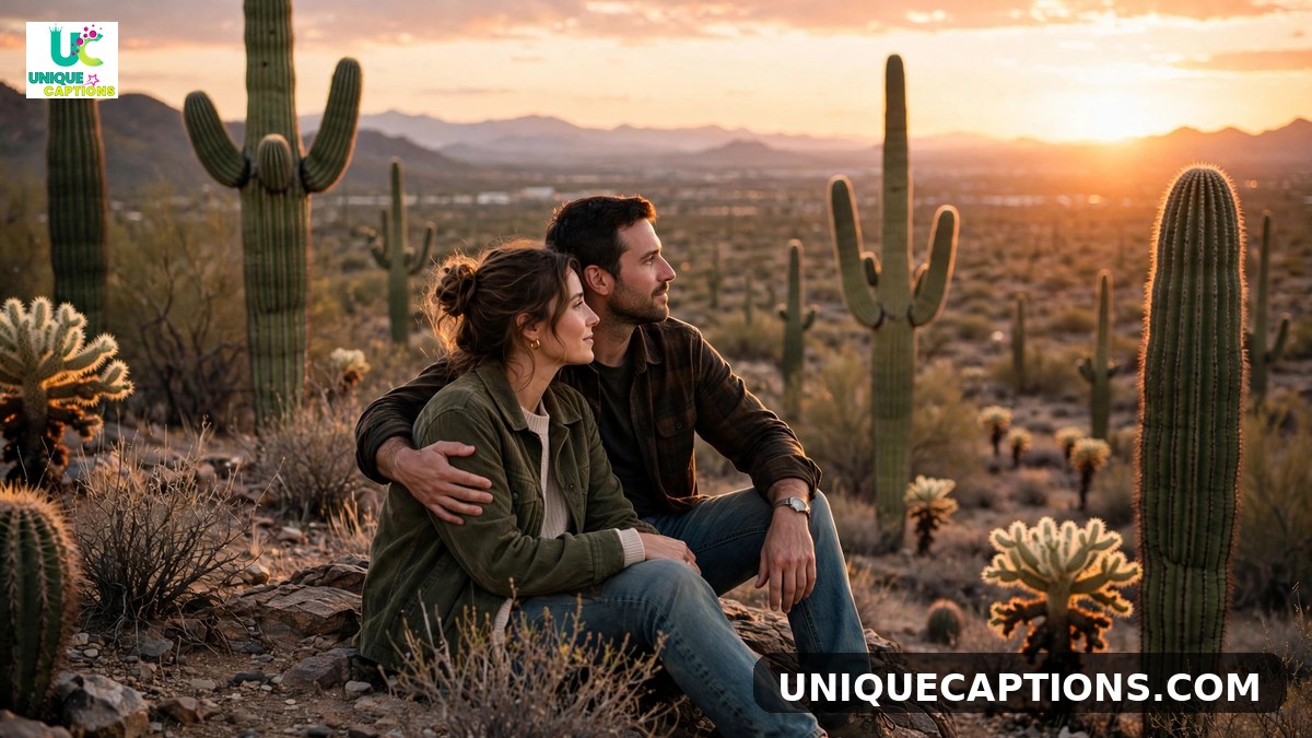 Tucson couple trip captions - couple watching a desert sunset among saguaros
