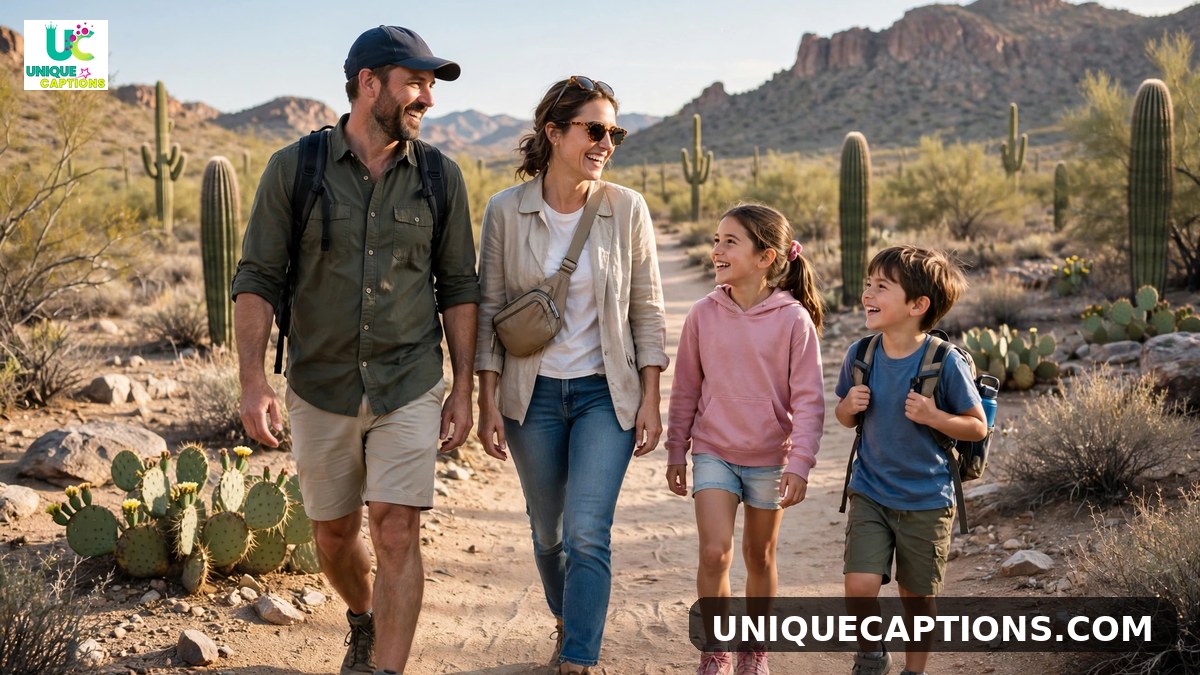 Tucson family trip captions - happy family walking a desert trail with cacti