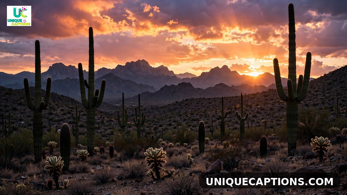 Tucson monsoon season captions - dramatic storm clouds and lightning over the desert