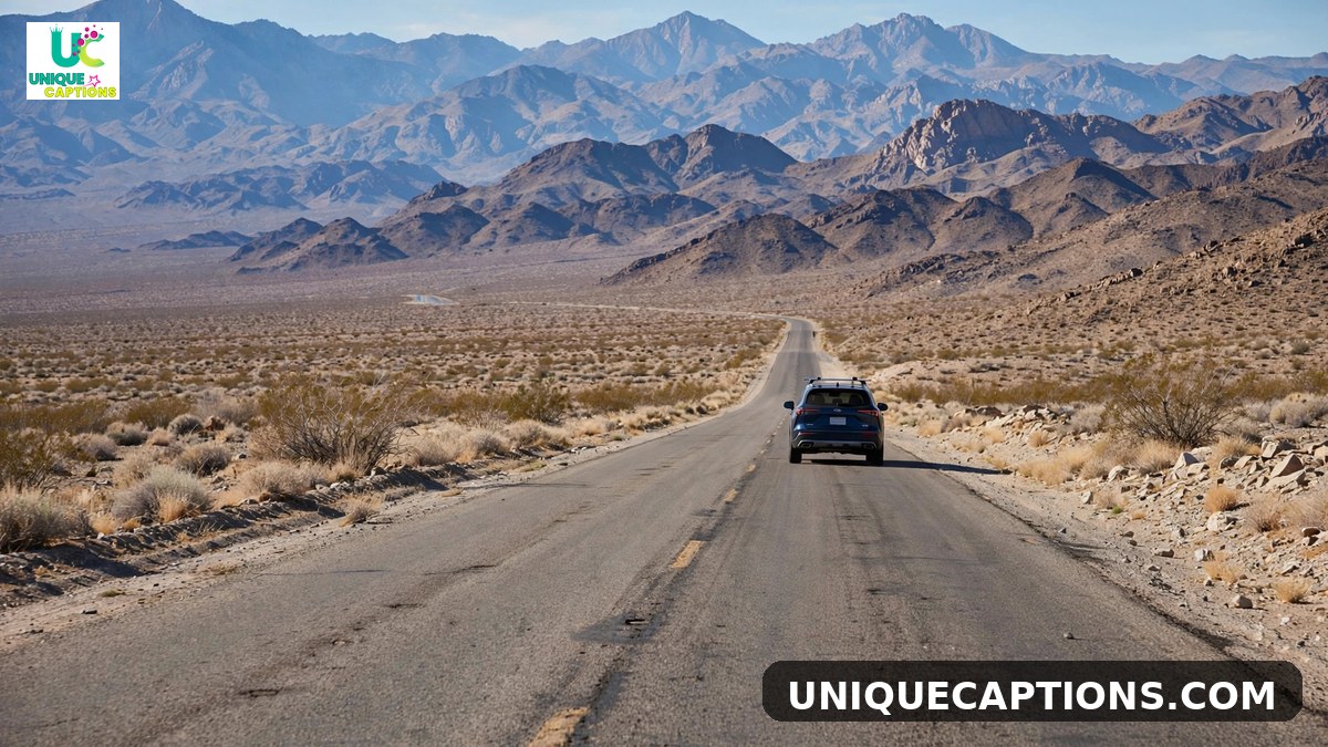 Tucson road trip captions - car driving a desert highway toward mountains