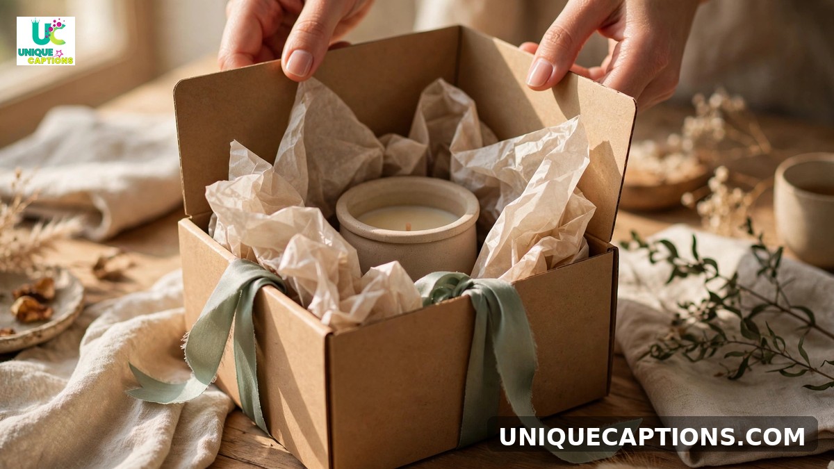 Unboxing captions - hands opening a kraft parcel box with tissue paper and ribbon