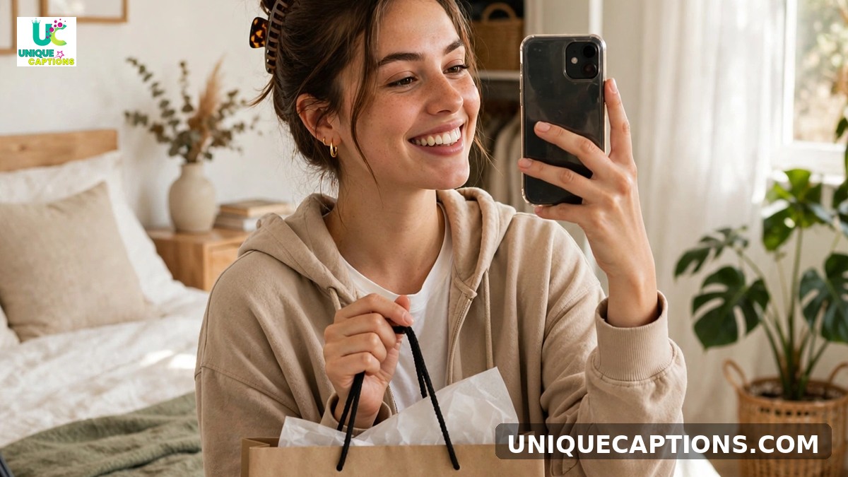 User generated content captions - smiling customer taking mirror selfie with shopping bag